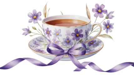 Elegant porcelain teacup adorned with delicate purple flowers and a satin ribbon, perfect for a charming tea party or sophisticated celebration.