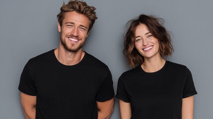 Obraz premium A young Caucasian man with wavy blond hair and a young Caucasian woman with brown hair smile together against a gray background. Both wear black t-shirts.