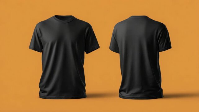 Black blank t-shirt front and back views displayed on plain orange background, showcasing clothing design or branding template concept
