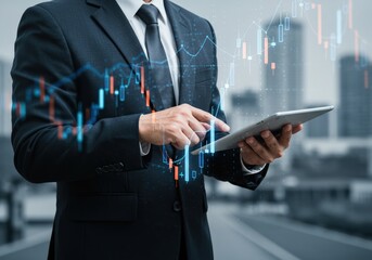 Businessman analyzing stock market data on a tablet