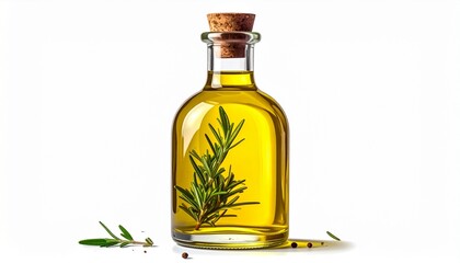 glass jar with olive oil and rosemary, gold lid, white background, culinary infusion, top view