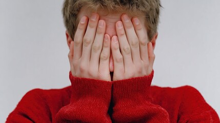 A young Caucasian man with short blond hair covers his face with his hands. He wears a red sweater. The background is plain and neutral.