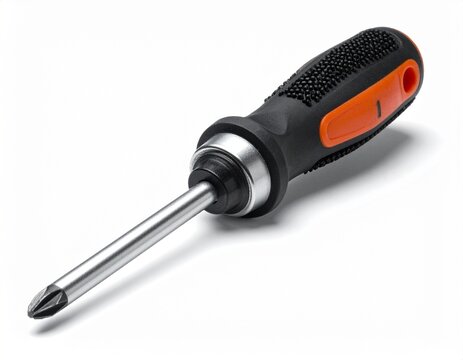 Ergonomic Ratcheting Phillips Head Screwdriver on white background 