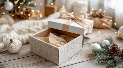 A beautifully wrapped gift box sits on a wooden table surrounded by festive decorations. Soft lighting enhances the cozy holiday atmosphere.