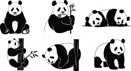 Panda silhouette vector set with pandas eating bamboo sleeping climbing trees sitting and standing, black and white animal illustration © Musa's Word
