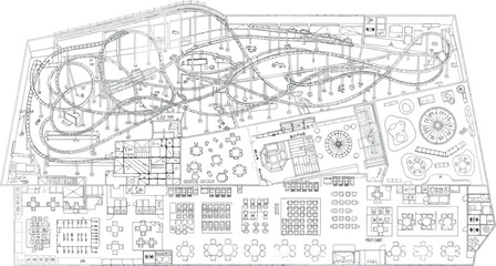 Vector art of topdown view of a complex amusement park layout plan with roller coaster tracks