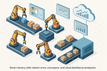Robotic arms and conveyors in a smart factory setting, isometric style, on white grid background, representing automation and data analytics