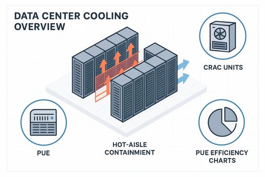 Diagram showing data center cooling with hot-aisle containment, CRAC units, PUE metrics, and efficiency charts on a white background