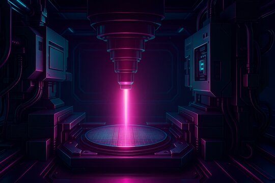 Sci-fi style laser machine etching a silicon wafer in a dark lab environment, glowing neon lights, depicting advanced technology concept - Powered by Adobe
