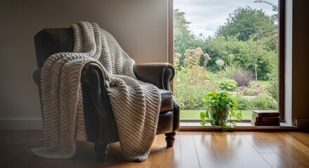 Comfortable armchair draped with a knitted blanket sits invitingly indoors, capturing a moment of tranquility near a large window overlooking a vibrant, flourishing garden filled with various lush...
