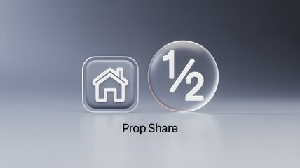 Abstract 3D rendering of a Prop Share concept with a house icon and a transparent pie chart showing a half-share fraction.