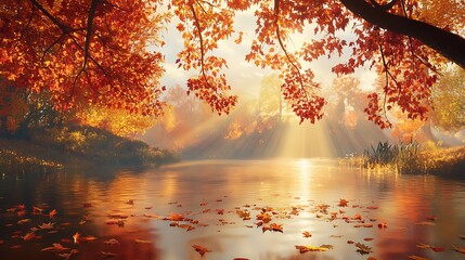 Red and yellow autumn leaves drifting on a pond, sunlight filtering through tree branches overhead, casting dappled patterns on the water 