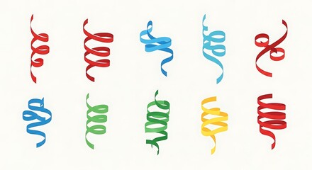 Colorful Curled Ribbons and Streamers on White Background for Festive Celebrations