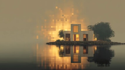 Miniature house nestled by the still water, reflecting tranquility and simplicity in a serene outdoor environment.