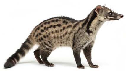 Malayan Civet with slender body, pointed snout, and patterned fur, standing alert on a clean white studio background, sharp focus, professional lighting, detailed wildlife photography