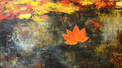 Single orange autumn leaf drifting slowly across a still pond, surrounded by yellow and red foliage on the water’s surface 