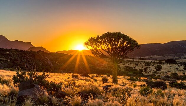 Golden sunset over a desert landscape with a lone tree