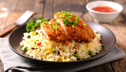 Crispy fried chicken breast over a bed of mixed vegetables and rice