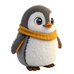 Adorable 3D Render of a Fluffy Baby Emperor Penguin Chick with Cute Orange Beak on a Gray Background


