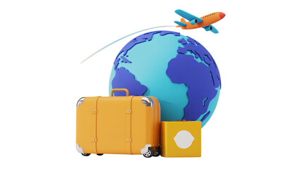 Plan your next adventure with an airplane flying around the world and luggage for perfect vacation