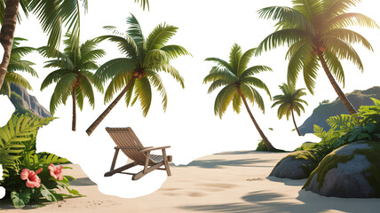 Relax on a tropical beach under palm trees with a lounge chair, perfect for vacation or travel themes