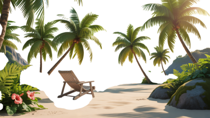 Relax on a tropical beach under palm trees with a lounge chair, perfect for vacation or travel themes