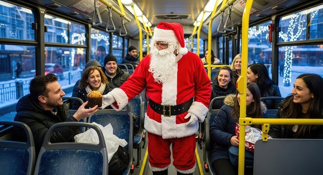 Santa Claus handing panettone to smiling passengers inside decorated bus.