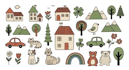 Whimsical collection of houses, animals, mountains, and vehicles