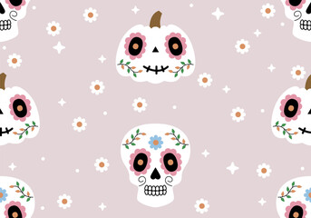 Seamless pattern with Mexican skull and pumpkin. Calavera skulls, Sugar skulls for Mexican Day of the Dead, Day of the dead illustration with traditional Mexican skulls decoration