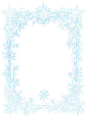 Elegant frosty frame with snowflakes, pine branches, and winter ornaments in soft blue tones. Perfect for Christmas invitations, New Year greeting cards, holiday posters, winter certificate