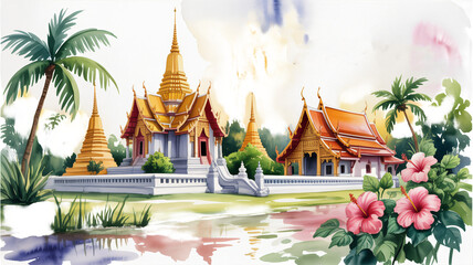 Beautiful temples and hibiscus flowers create a tranquil escape in this tropical Thailand watercolor scene