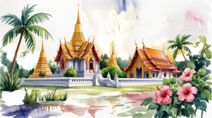 Beautiful temples and hibiscus flowers create a tranquil escape in this tropical Thailand watercolor scene