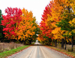 Naklejka premium Colorful trees line an autumn dirt road, cut out - stock png