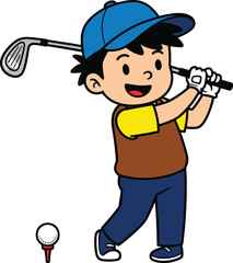 Cartoon child playing golf vector, blue cap, swing pose, red tee, sports activity, white background, kids game, outdoor fun