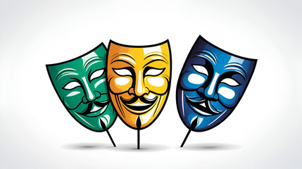 Vector illustration depicting comedy and tragedy masks symbolizing theatrical performance and drama concepts on white background