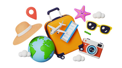 Whimsical travel adventures await with luggage, airplane, and passport for the ultimate getaway experience