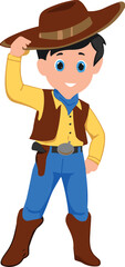 Cartoon cowboy boy vector, smiling child in western outfit, brown hat, blue bandana, white background, kids character, wild west