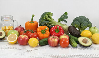 A Colorful Assortment of Fresh Fruits and Vegetables on a White Table