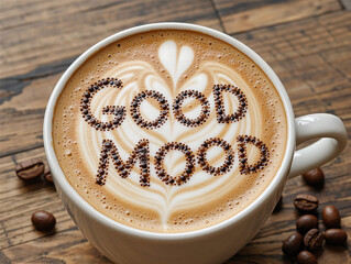 A creamy coffee cup with 'Good Mood' latte art on a rustic wooden table.