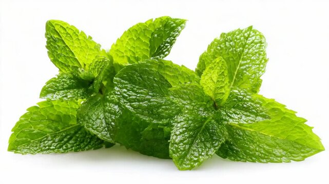 Fresh green mint leaves with detailed texture, natural macro photography, isolated on white background, concept of freshness and herbs