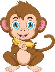 Obraz premium Cartoon monkey vector, smiling animal, holding bananas, big eyes, brown fur, children clipart, jungle theme, white background, fun illustration