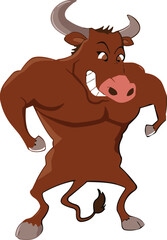 Cartoon muscular bull vector, strong animal character, confident pose, sports mascot, upright stance, white background, power, strength, determination