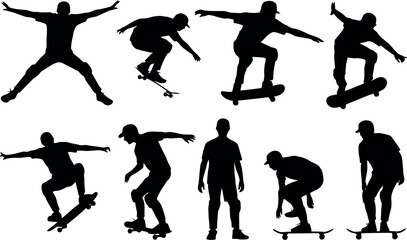 Dynamic skateboarder silhouettes action sports collection vector