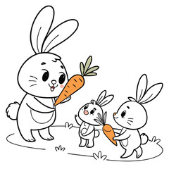 Adorable cartoon illustration of a bunny family holding carrots. Perfect for kids designs, nursery art, Easter themes, and cute animal projects.