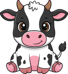 Cute baby cow cartoon vector, sitting farm animal illustration, smiling calf character, white background, kids design, dairy mascot art