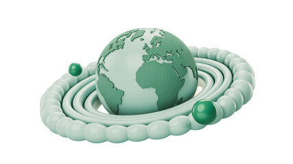 Fresh mint globe surrounded by orbital rings for global business vision and international collaboration projects