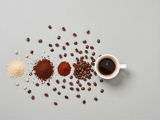 Coffee Beans, Ground Coffee, and Fresh Brewed Cup on Gray Background