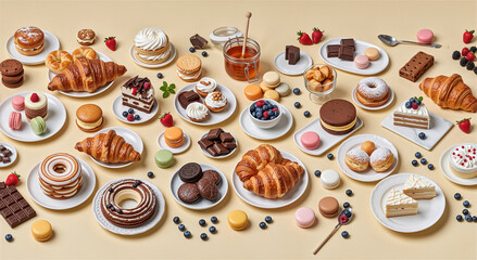 Overhead view of a diverse collection of pastries and desserts on a cream background