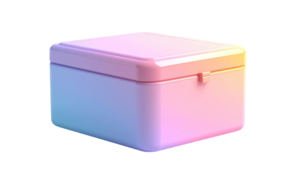 A simple rectangular box with a secure clasp, featuring a gradient of pastel colors blending from blue to pink and yellow, is displayed against a black background in a minimalist and modern style.