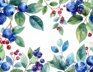 Watercolor illustration, hand drawn seamless border on a white background. Forest blu 